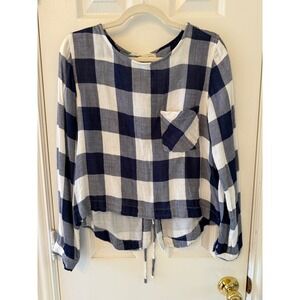 Cloth & Stone Plaid Button Down Blouse Long Sleeve Tie Back Casual Top Lace Back